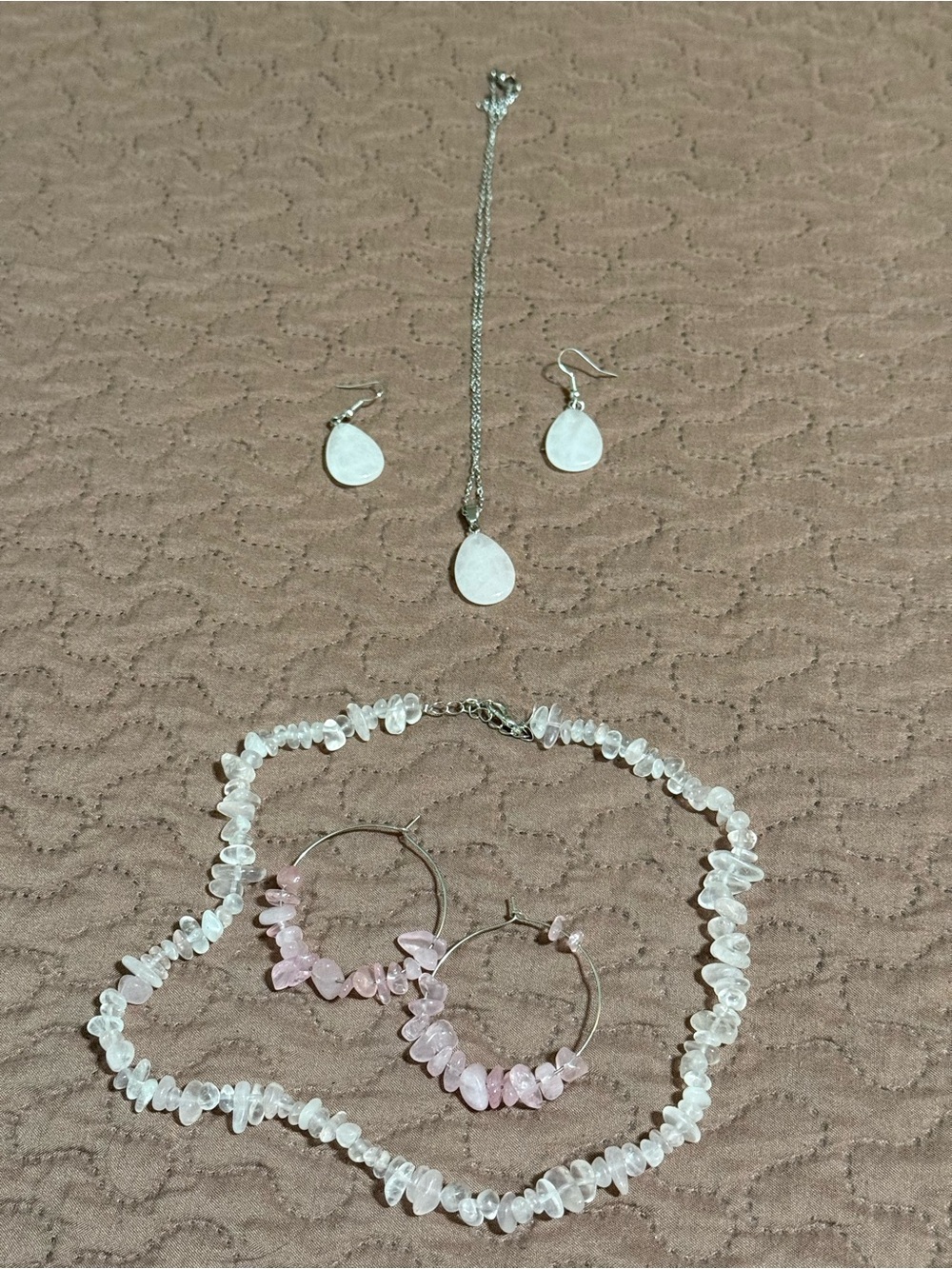 Pink Teardrop Necklace & Earrings Set with Pale Pink Bead Accents